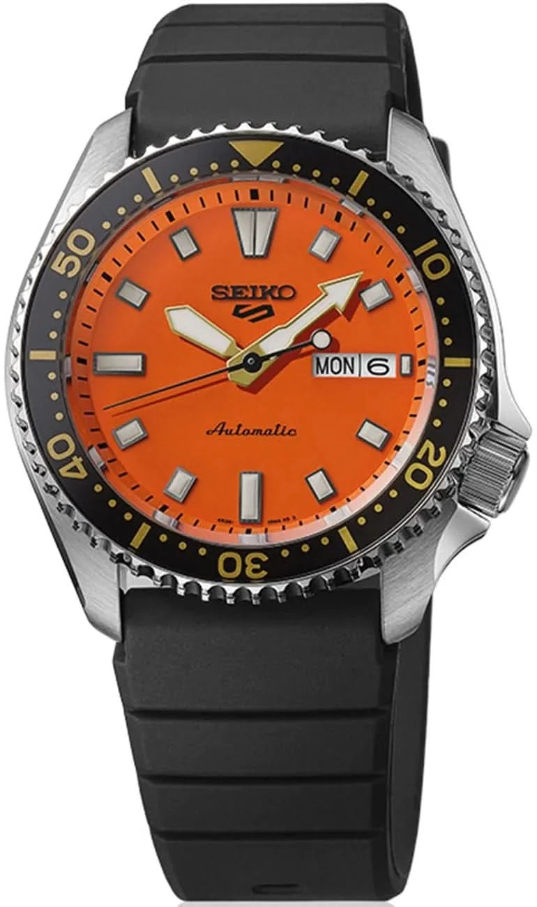 Montre Seiko 5 Sports pour homme, bracelet en silicone noir, cadran orange, guichet date