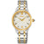 Seiko Damenarmbanduhr: silbernes Edelstahlband, goldene Lünette, Diamant-Zifferblatt