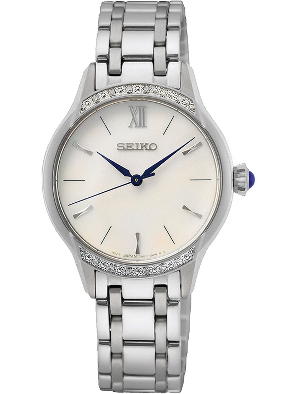 Seiko Damenuhr: silbernes Edelstahlarmband, Perlmuttzifferblatt, Diamantlünette