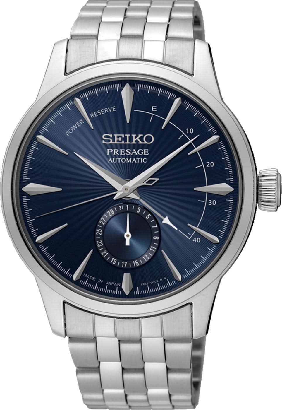 Montre Seiko Presage pour homme avec cadran bleu, réserve de marche et bracelet en acier inoxydable