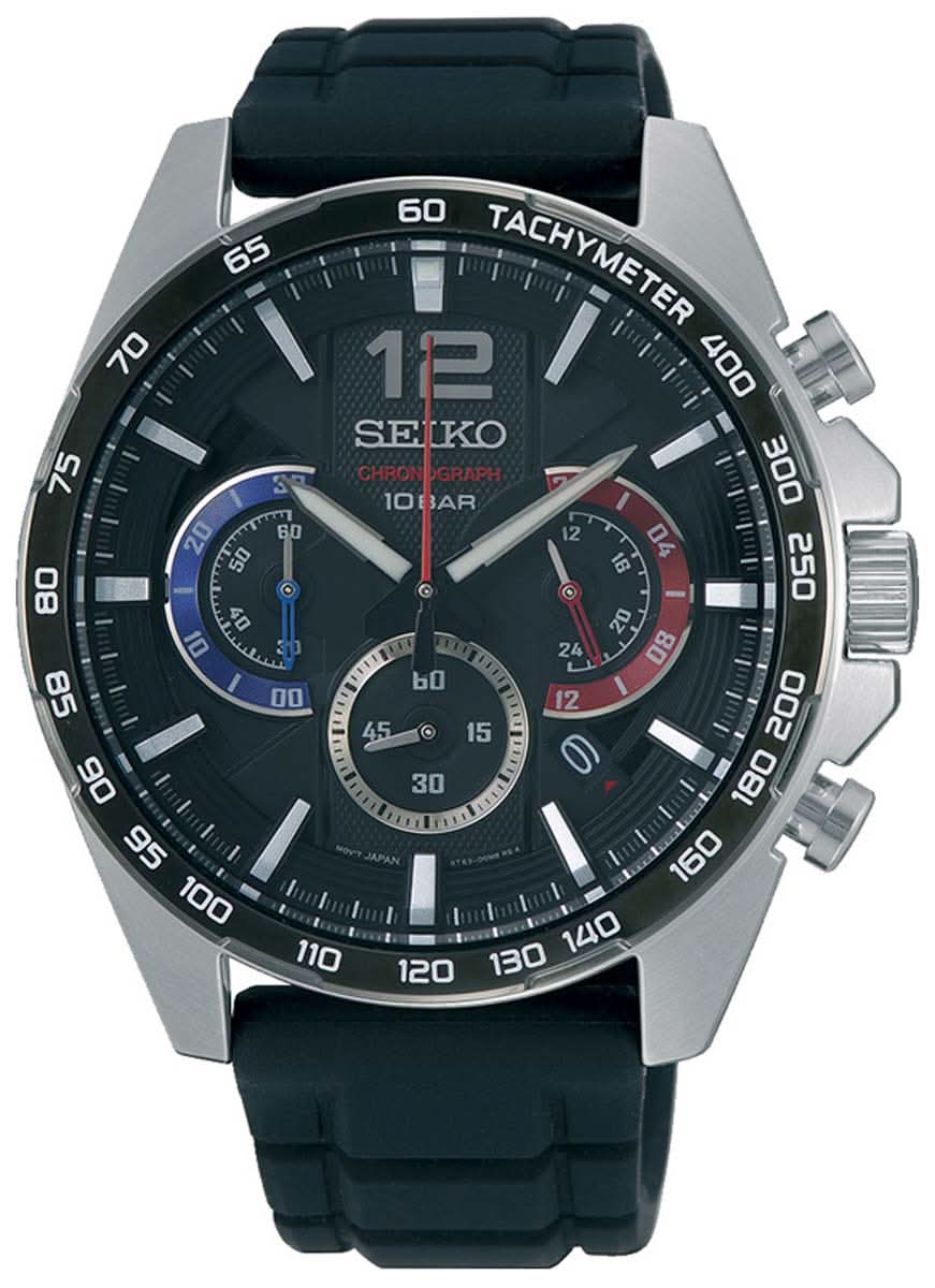Montre homme avec cadran noir, lunette tachymètre et bracelet en caoutchouc noir