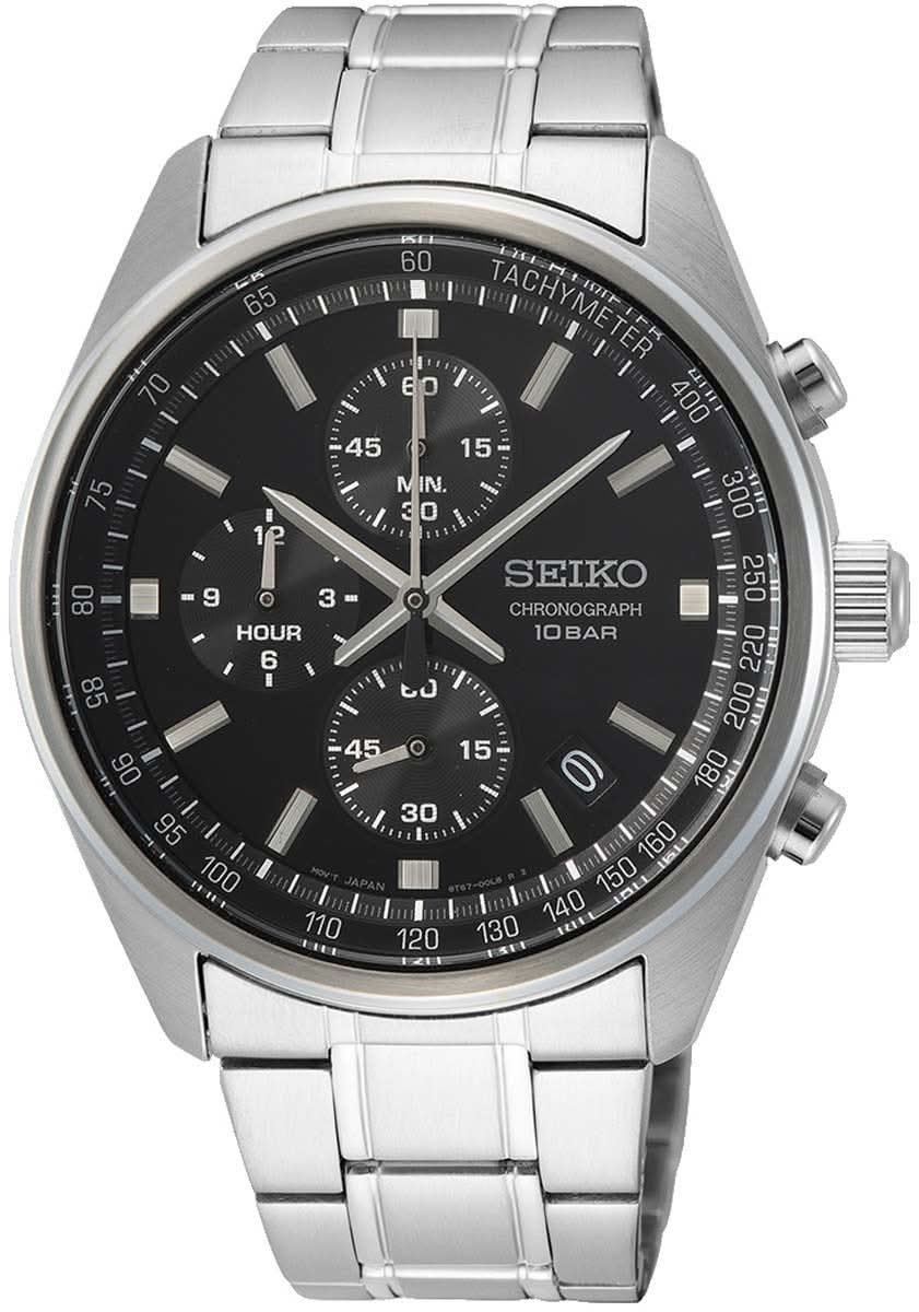 Montre homme avec cadran noir, chronographe et bracelet en acier inoxydable