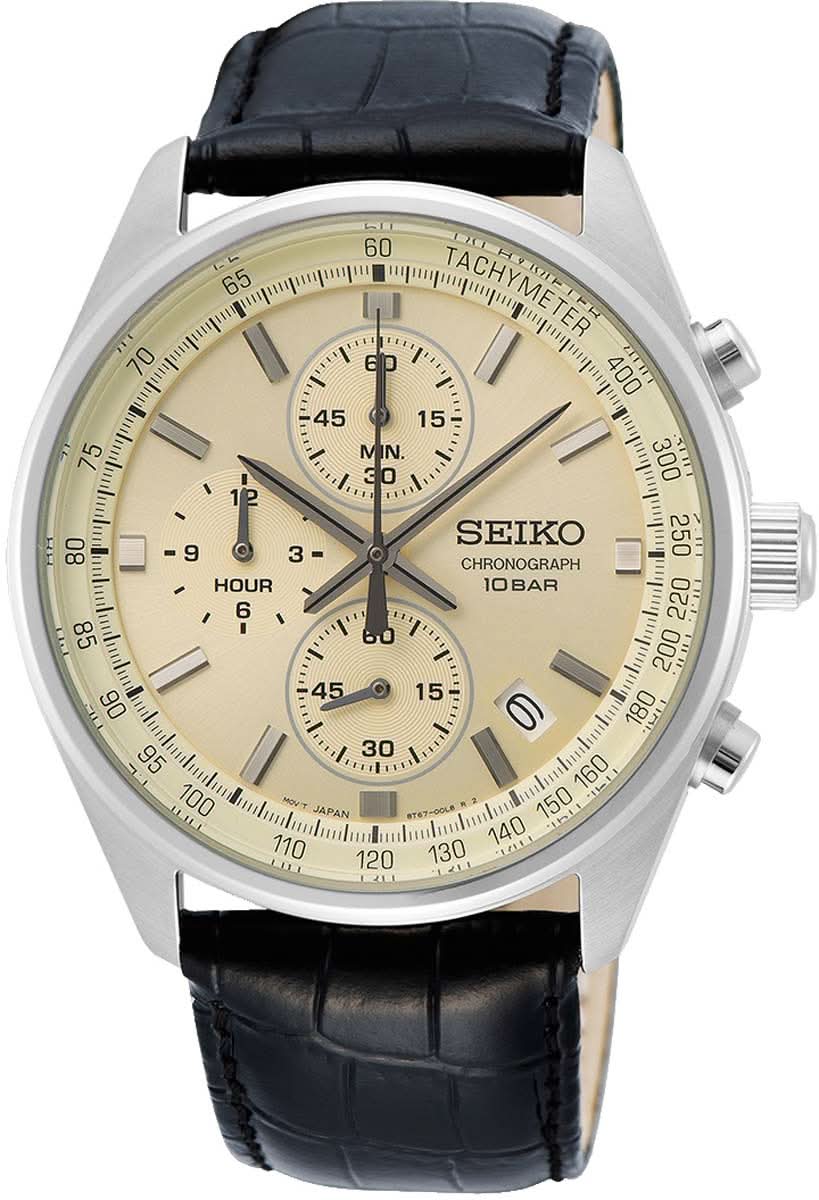 Herrenuhr mit Chronograph, Cream-Zifferblatt, Tachymeterskala und schwarzem Lederband