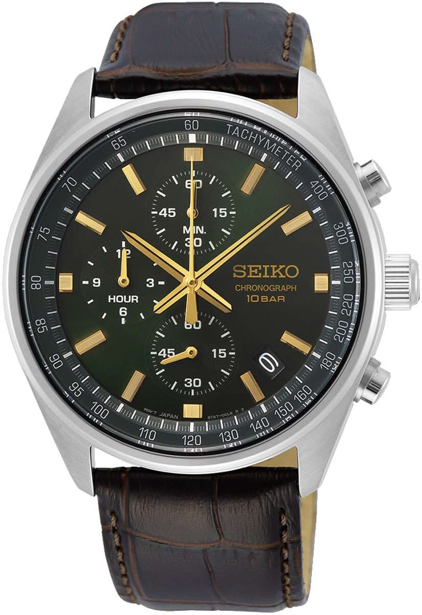 Montre Seiko pour homme avec cadran vert foncé, bracelet en cuir et poussoirs de chronographe