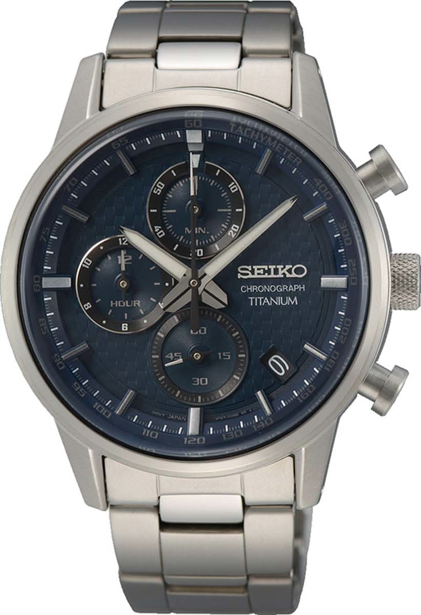 Herren-Chronograph mit blauem Zifferblatt, Stoppuhr-Subdials und Metallarmband