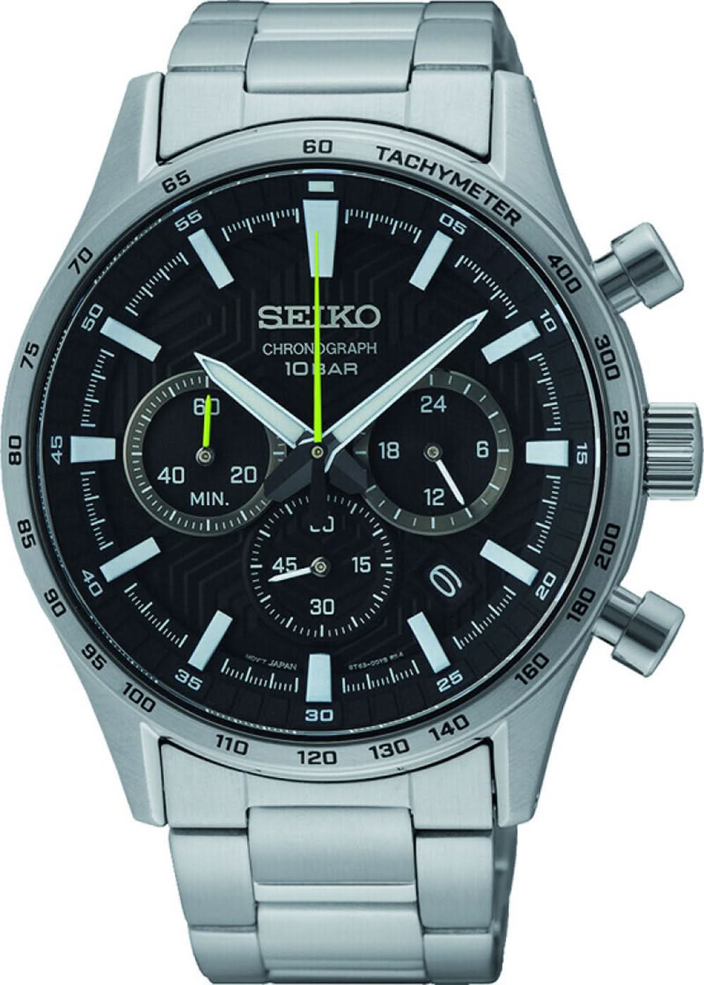 Montre chronographe pour homme : cadran noir, accents verts, bracelet en acier inoxydable