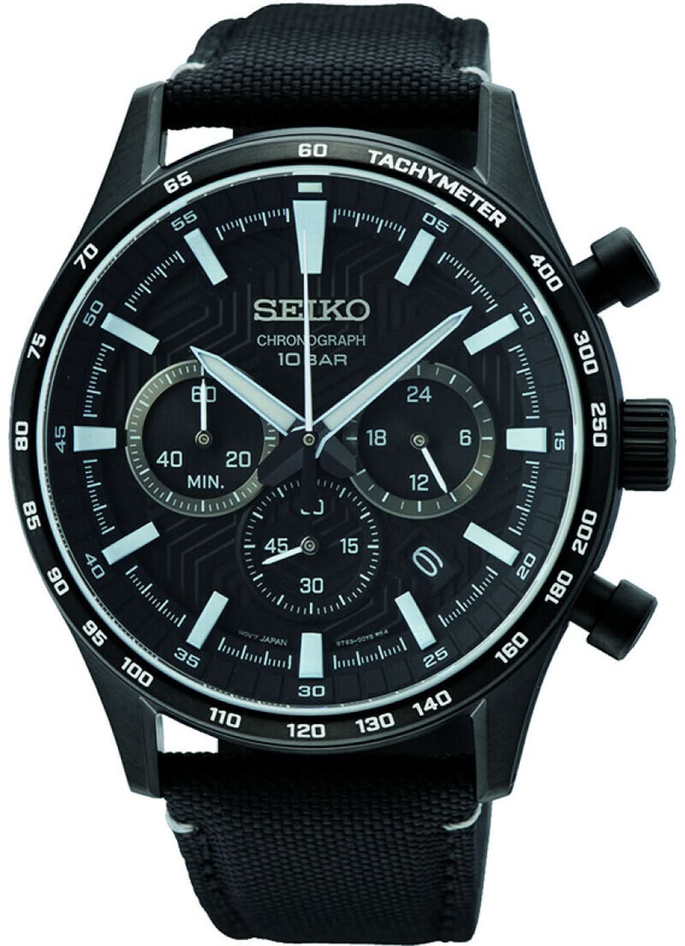 Chronographe pour homme avec cadran noir, lunette tachymètre et bracelet noir