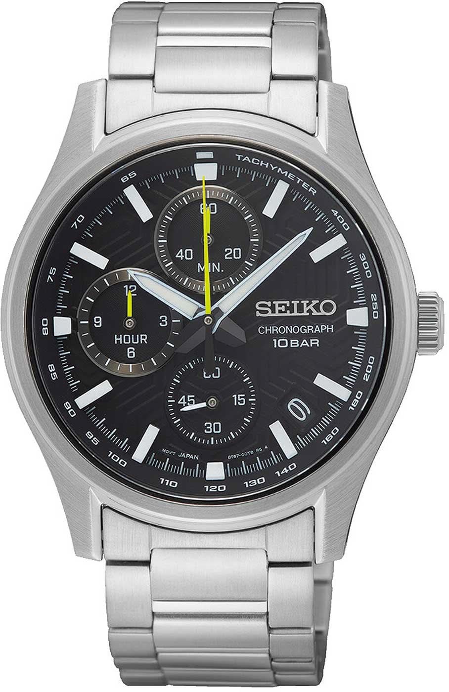 Seiko Chronographe pour homme : bracelet en acier, cadran noir, totalisateurs du chronographe.