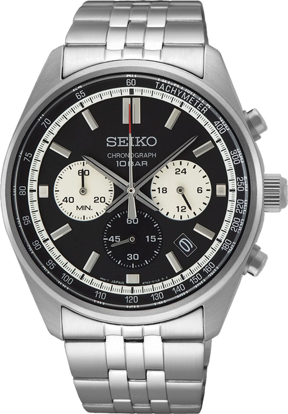 Seiko Herrenuhr Chronograph mit schwarzem Zifferblatt, Tachymeter-Lünette und Stahlband
