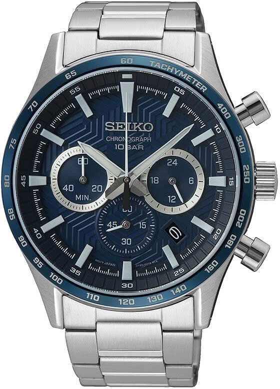 Montre pour homme avec cadran bleu, sous-cadrans chronographes et bracelet en acier inoxydable