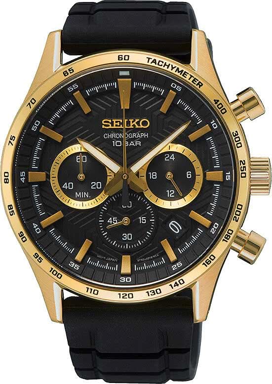 Montre chronographe avec cadran noir, boîtier doré et bracelet en silicone noir