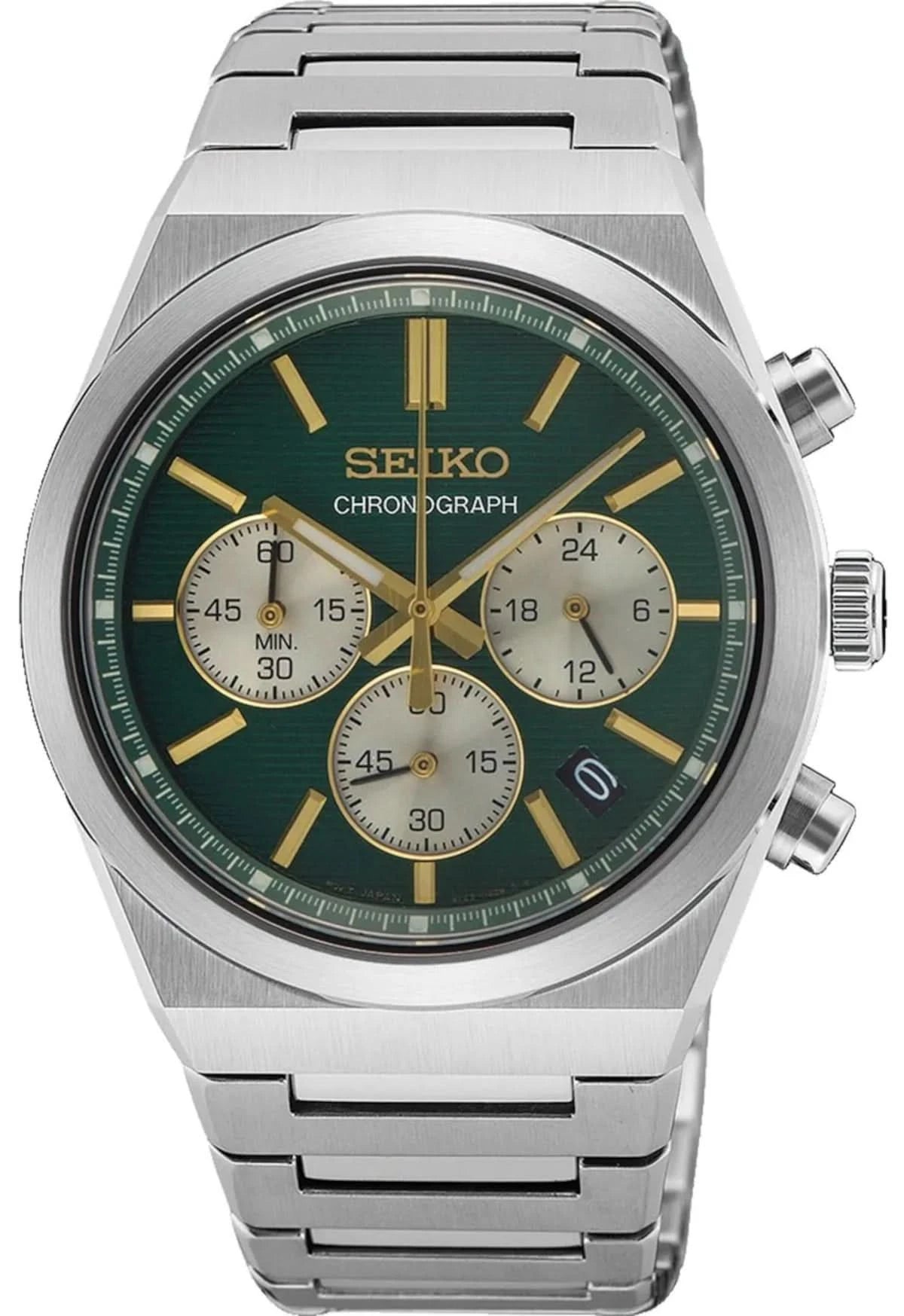 Montre bracelet pour homme Seiko avec cadran chronographe vert, accents dorés, bracelet en acier