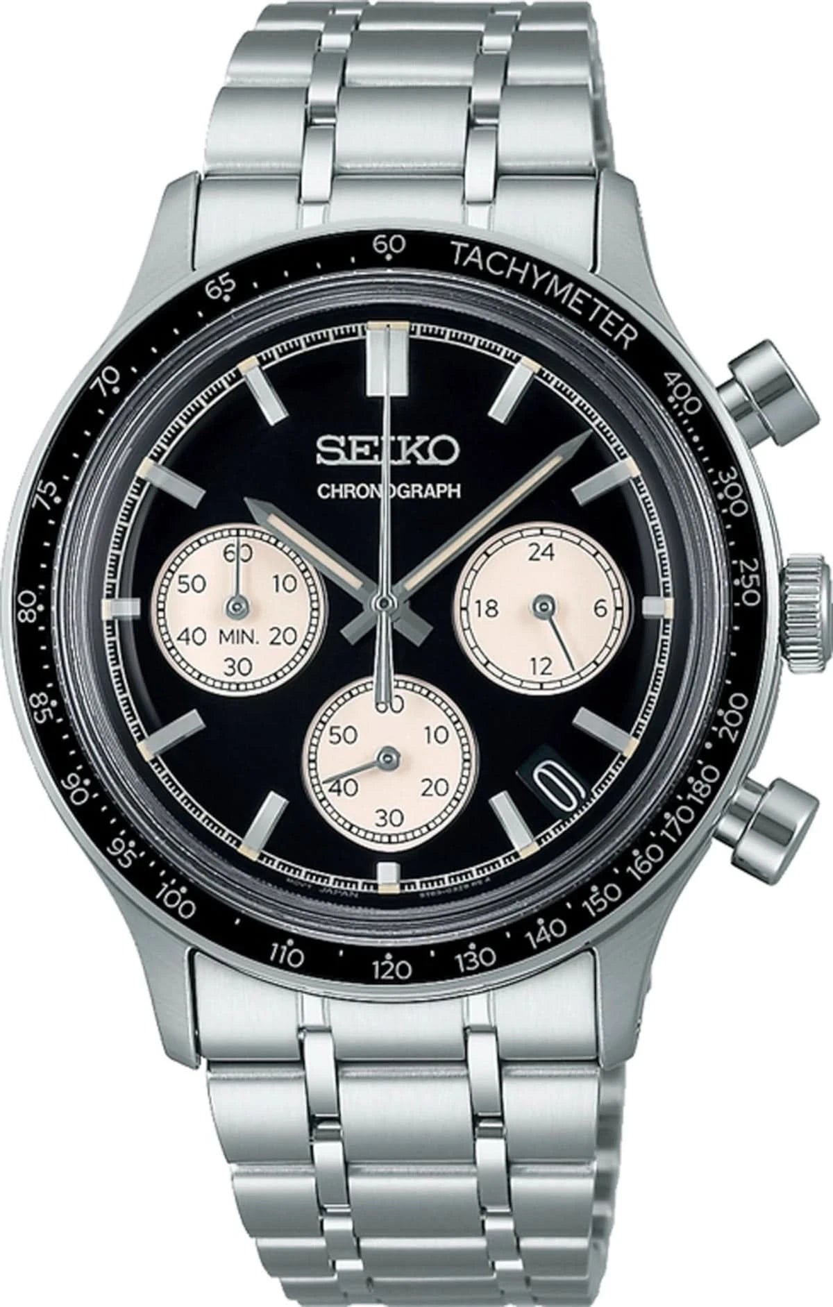 Chronographe pour homme avec bracelet en acier inoxydable argenté, cadran noir et lunette tachymétrique