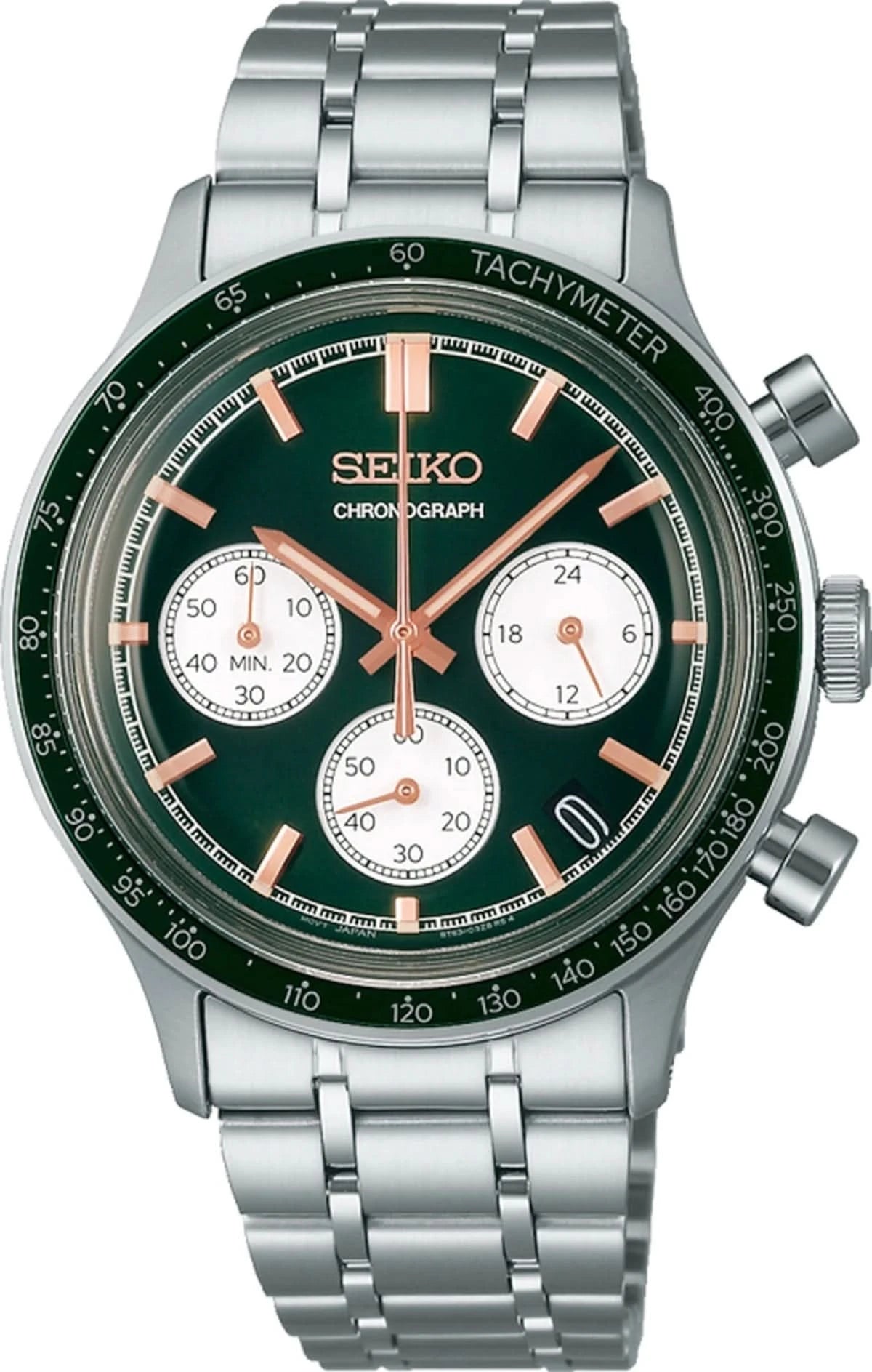 Bracelet de montre pour homme en acier, cadran vert, chronographe et lunette tachymètre