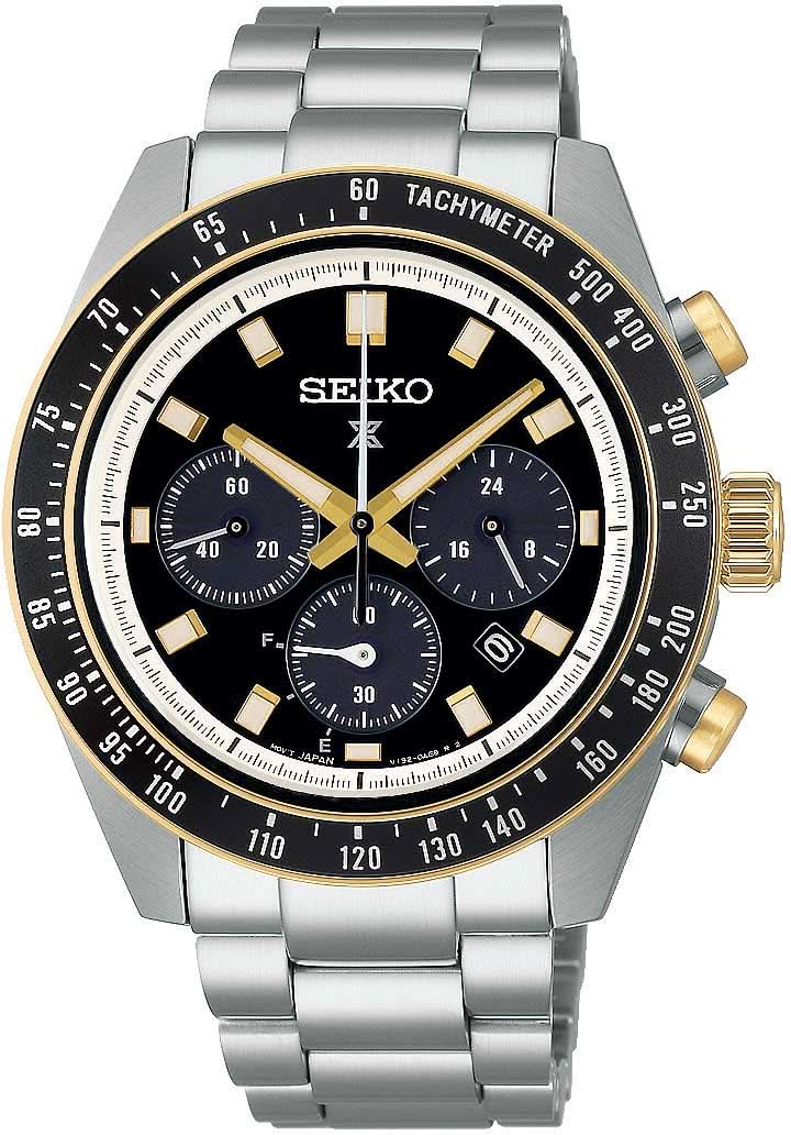 Herrenarmbanduhr: Edelstahlband, schwarzes Zifferblatt mit goldenen Chronographenzählern