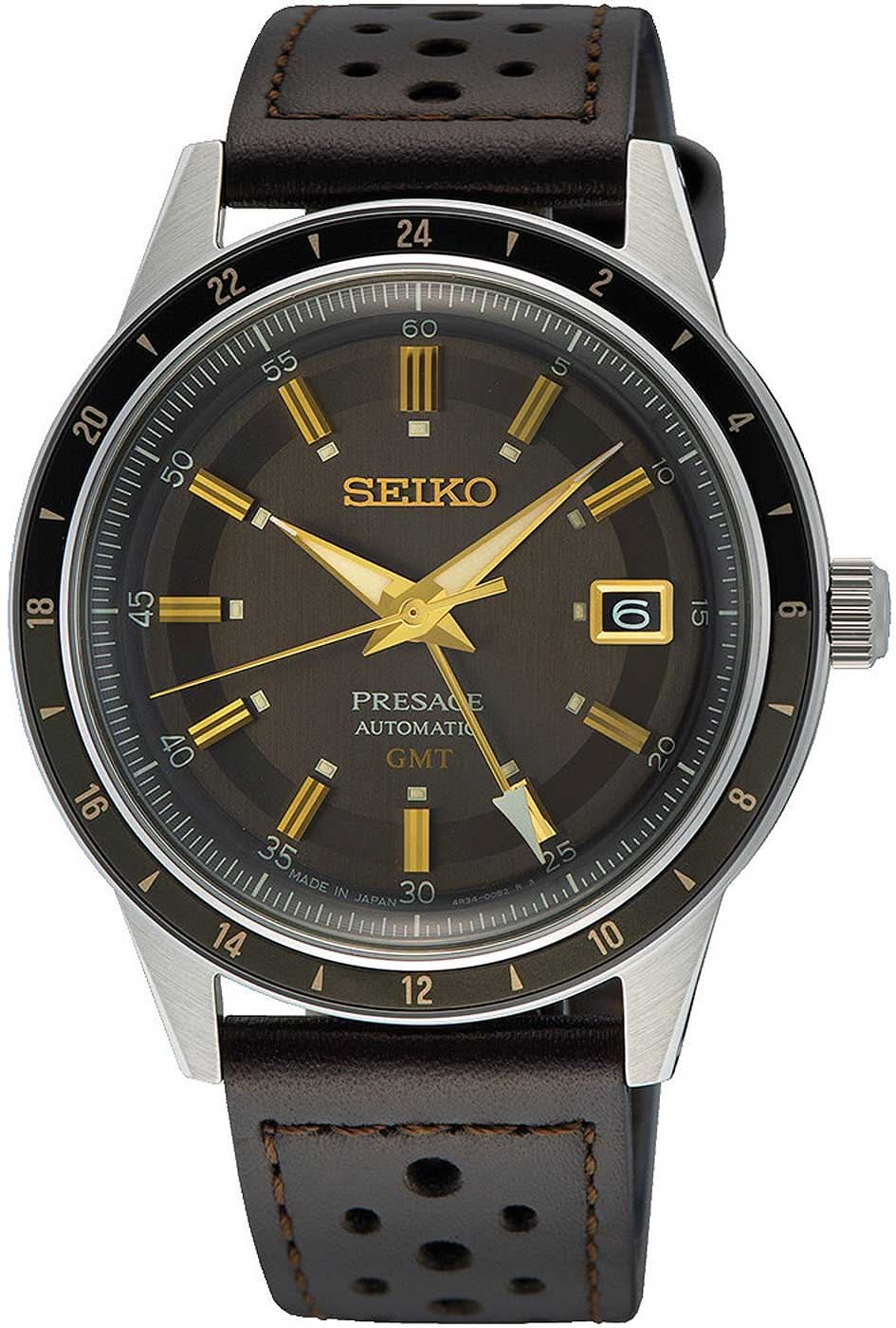 Montre Seiko pour homme avec cadran sombre, index dorés, bracelet en cuir, affichage de la date