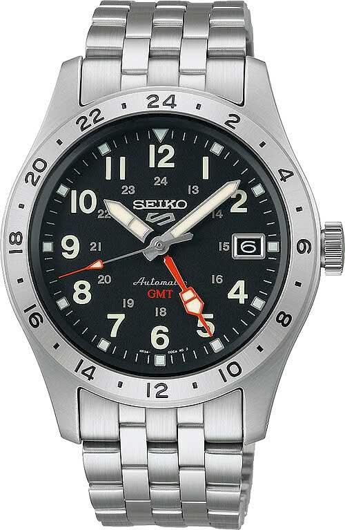 Herrenuhr: silbernes Edelstahlarmband, schwarzes Zifferblatt, GMT-Zeiger