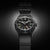 Montre homme avec boîtier noir, bracelet en cuir noir et chiffres luminescents