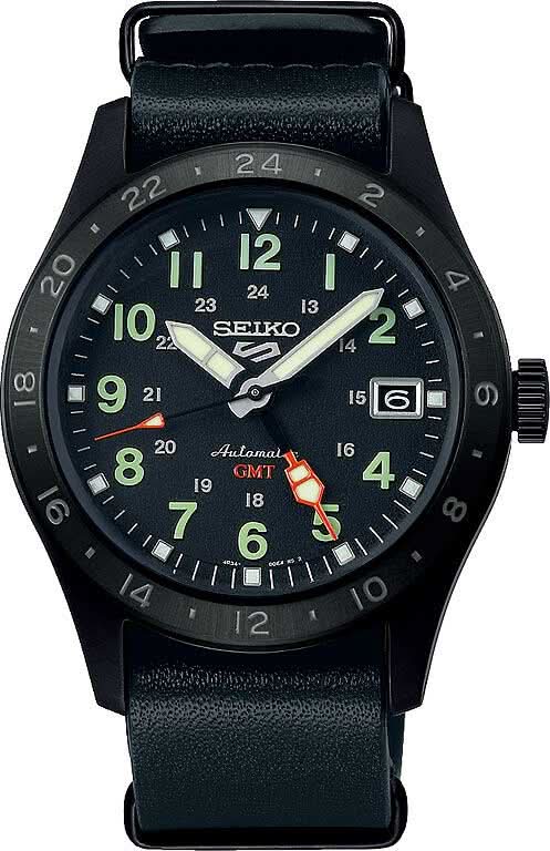 Montre homme : cadran noir, bracelet en cuir noir, aiguille GMT rouge