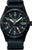 Montre homme : cadran noir, bracelet en cuir noir, aiguille GMT rouge