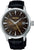 Montre homme avec bracelet en cuir noir et cadran marron, lunette argentée