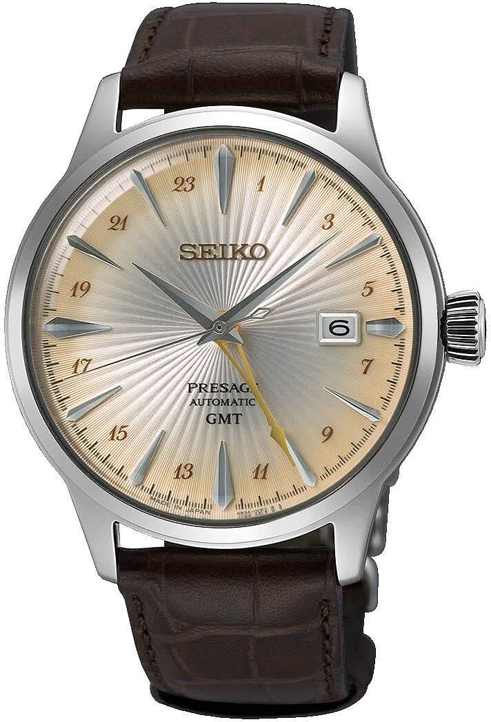 Seiko Presage Herrenuhr: beiges Zifferblatt, braunes Lederband, GMT-Anzeige