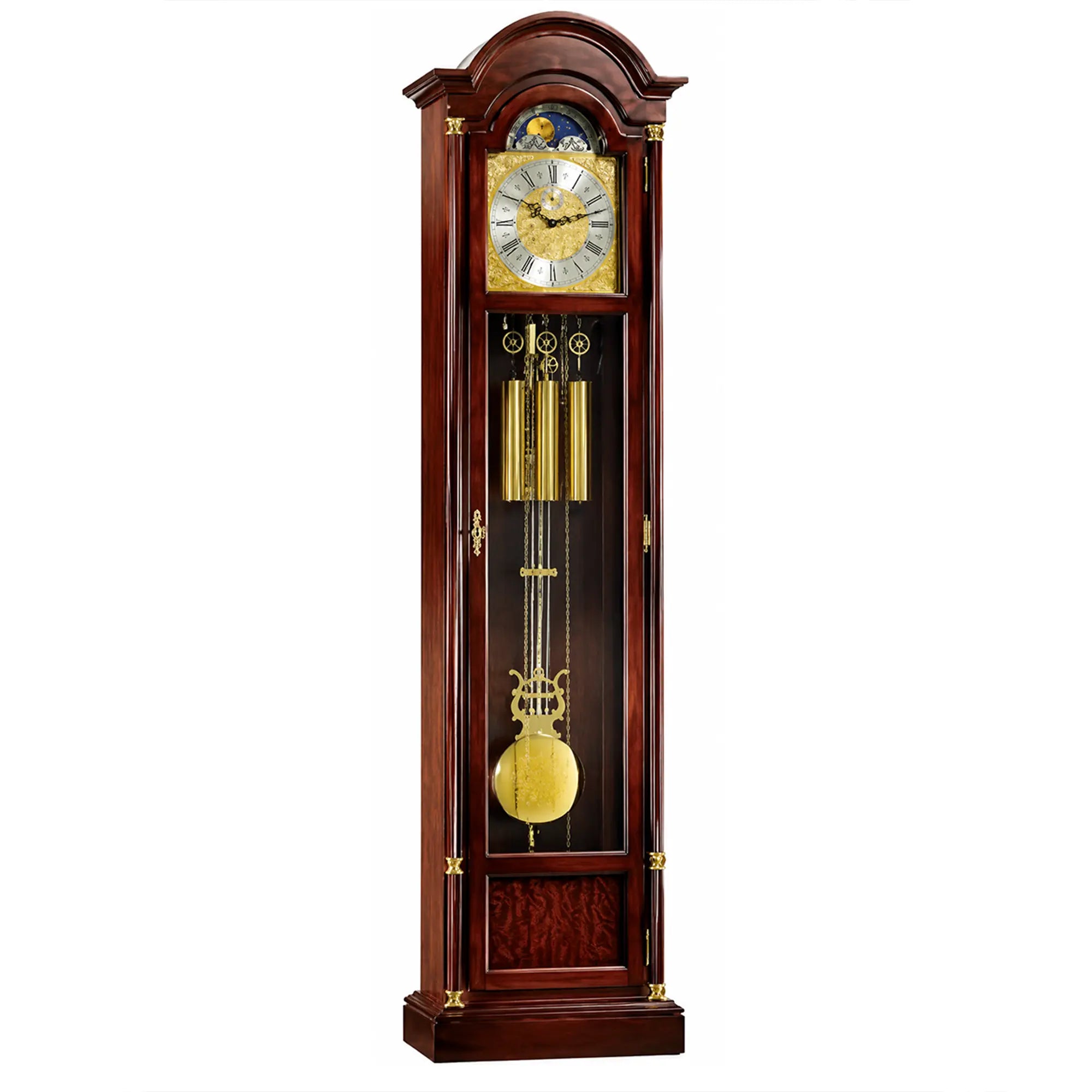 Enfilade en bois sombre avec mouvement, pendule dorée et poids