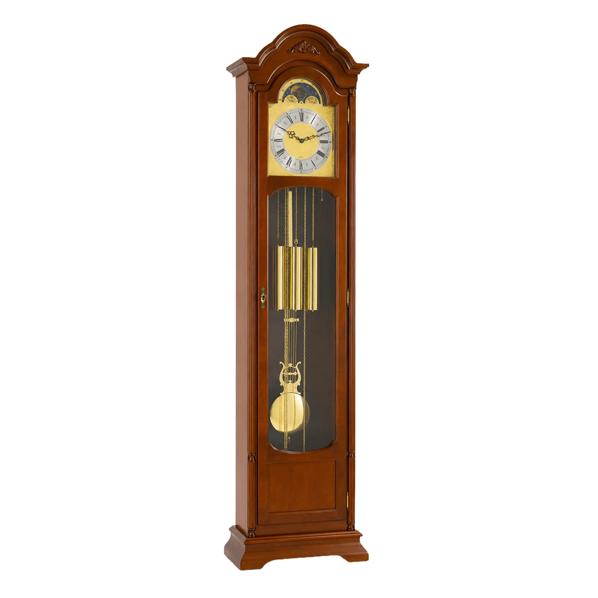 Horloge sur pied en bois avec cadran rond, façade en verre et poids de balancier visibles