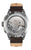 Dos d'une montre bracelet pour homme avec bracelet en cuir marron, boîtier argenté et gravure