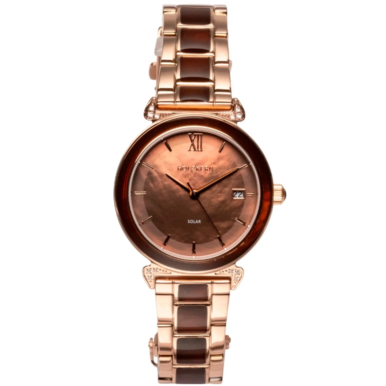 Holzkern Sunglister Damenarmbanduhr mit roségoldenem Metallband und braunem Zifferblatt