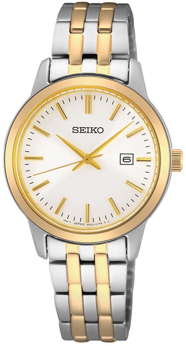 Montre Seiko pour femme : cadran blanc, aiguilles dorées, bracelet bicolore en acier