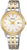 Montre Seiko pour femme : cadran blanc, aiguilles dorées, bracelet bicolore en acier