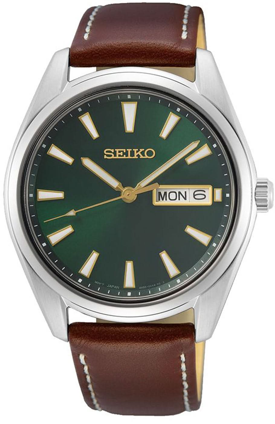 Montre Seiko pour homme avec cadran vert foncé, bracelet en cuir marron et affichage de la date