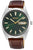 Montre Seiko pour homme avec cadran vert foncé, bracelet en cuir marron et affichage de la date