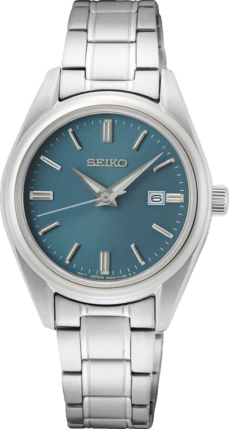 Montre Seiko pour femme avec cadran bleu, bracelet rond en acier inoxydable argenté et aiguilles rondes