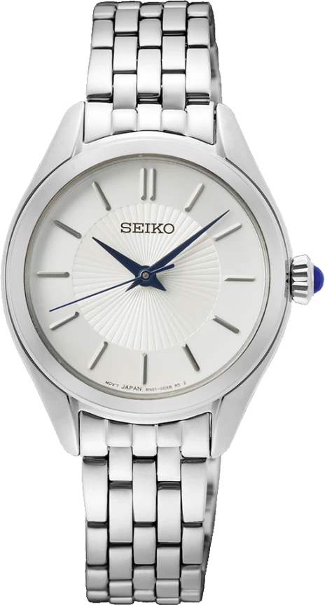 Montre pour femme avec bracelet en métal argenté et cadran rond blanc, aiguilles bleues, SEIKO