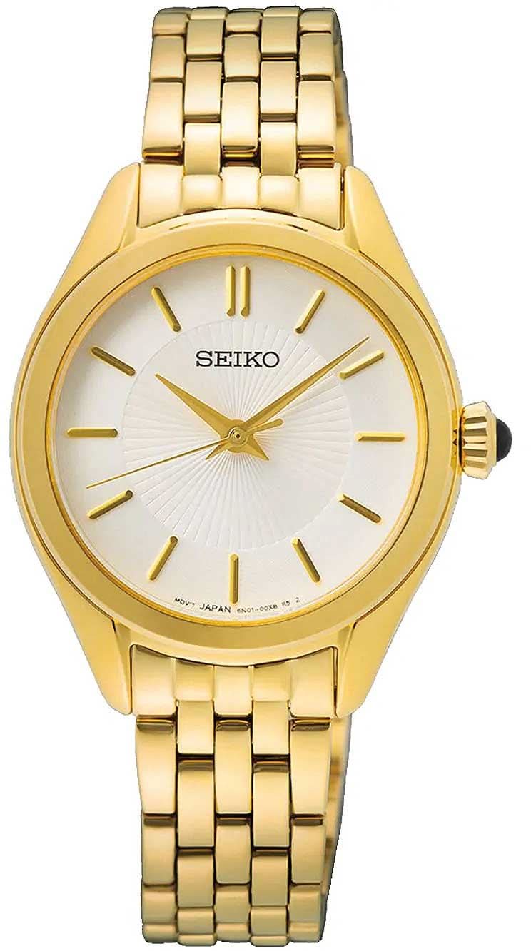 Montre pour femme avec bracelet en métal doré, cadran blanc et logo SEIKO
