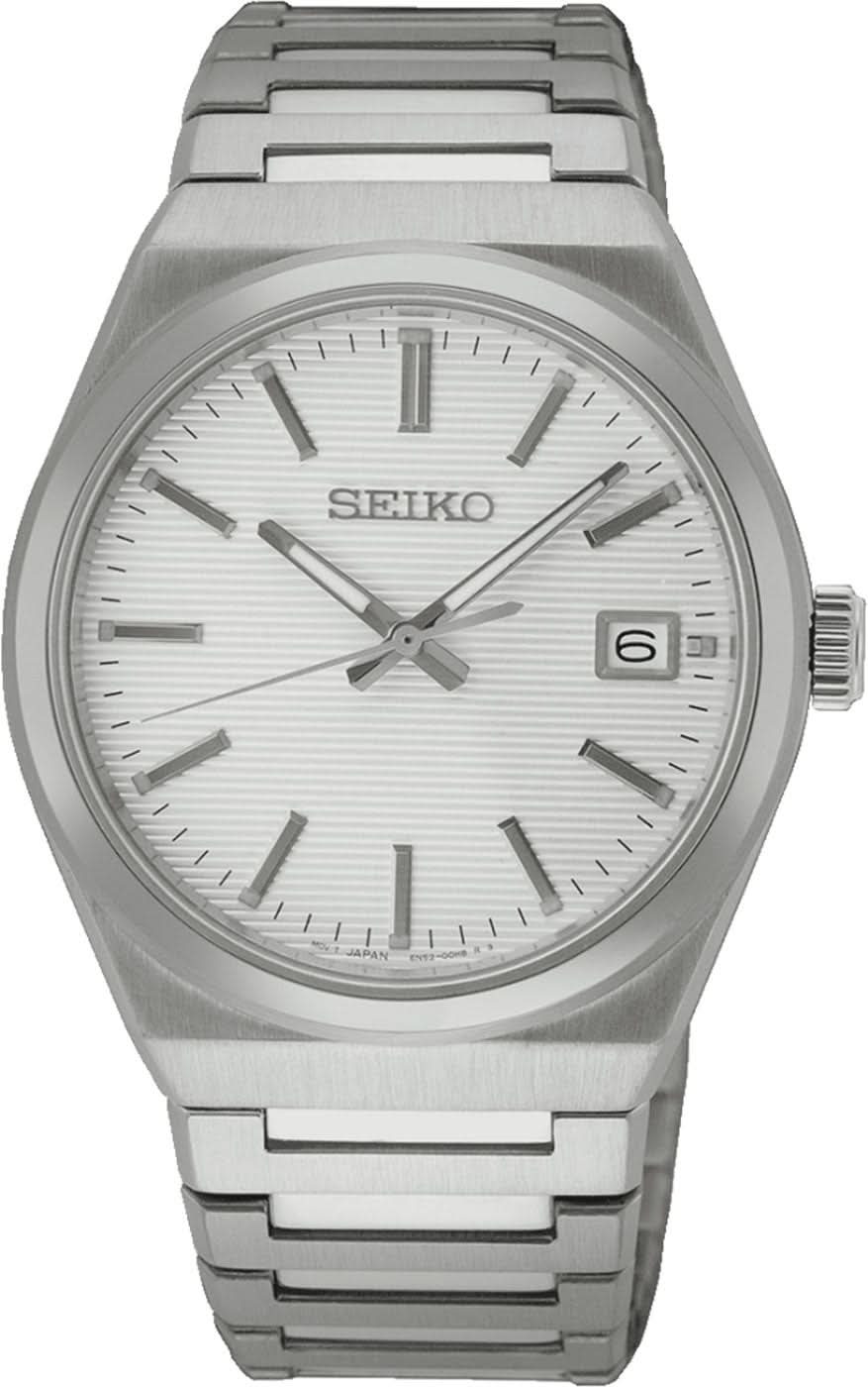 Herrenarmbanduhr aus Edelstahl, silbernes Metallband, weißes Zifferblatt mit SEIKO und Datum