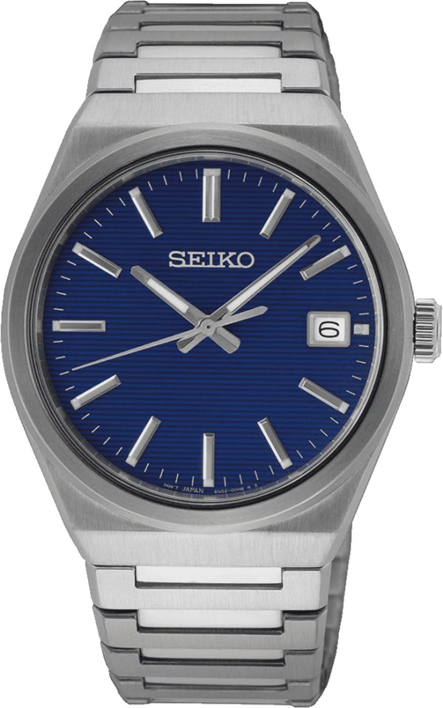 Bracelet de montre pour homme avec cadran bleu, bracelet en métal argenté et guichet de date à 6 heures