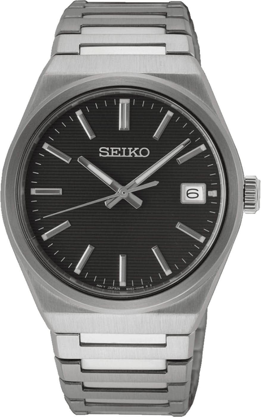 Montre pour homme Seiko avec cadran noir, affichage de la date et bracelet en acier inoxydable
