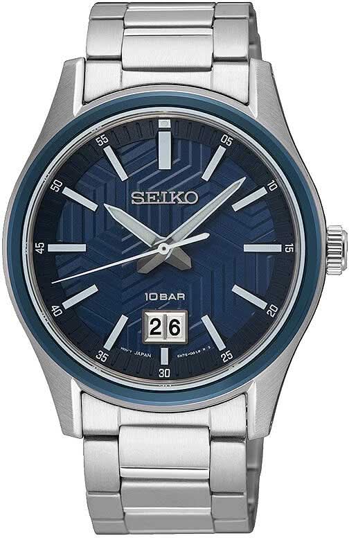 Herrenuhr mit silbernem Edelstahlband, blauem Zifferblatt und Datumsanzeige