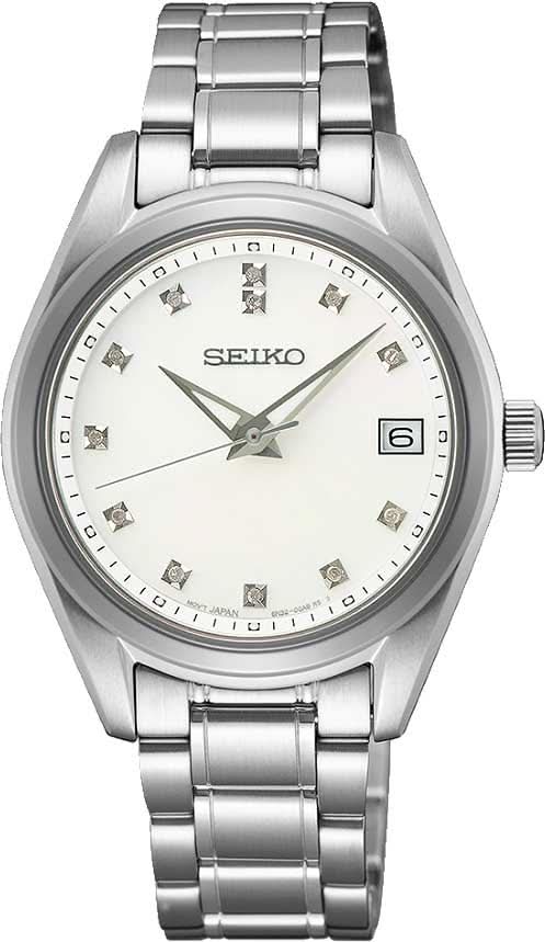 Seiko Damenuhr mit silbernem Edelstahlband, weißem Zifferblatt, Datumsanzeige bei 6