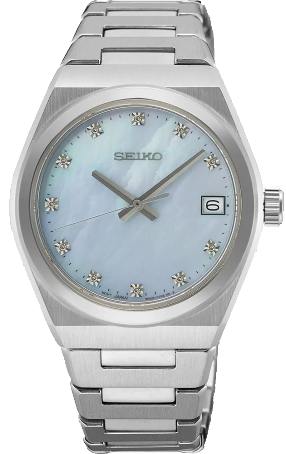 Montre Seiko pour femme avec cadran en nacre bleue, bracelet argenté et guichet date