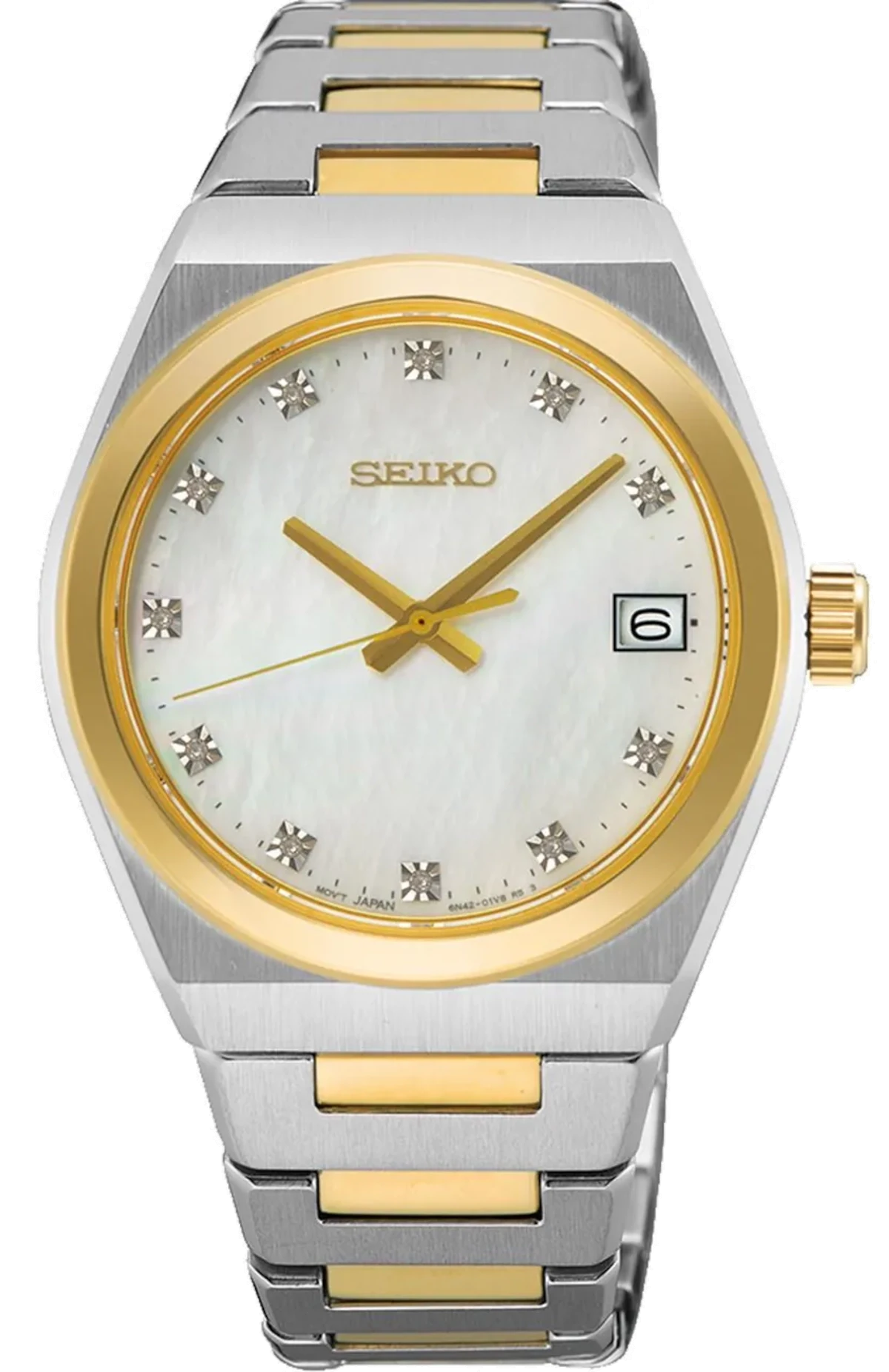 Montre pour femme avec bracelet bicolore en acier inoxydable, cadran argenté, guichet date à 6h