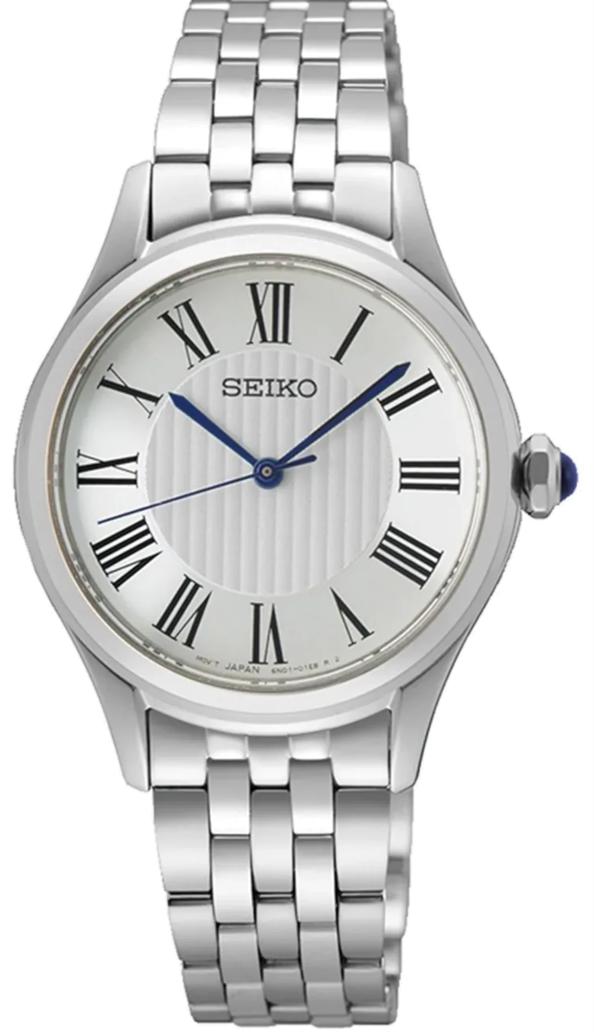 Montre pour femme avec bracelet en acier inoxydable, cadran blanc avec chiffres romains et aiguilles bleues