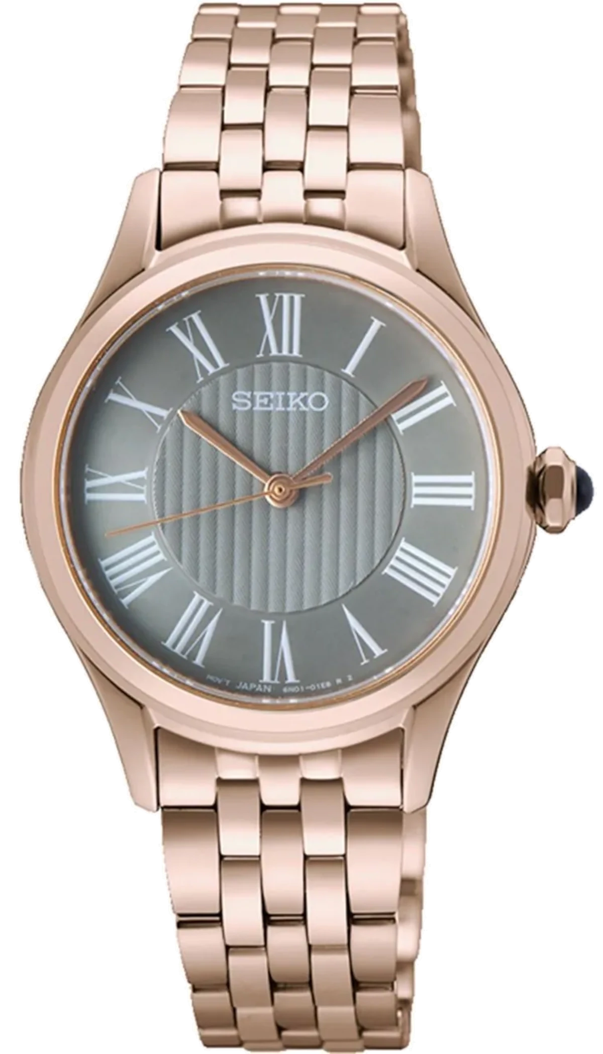 Montre pour femme avec bracelet en métal couleur or rose et boîtier rond, cadran bleu avec chiffres romains.