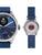 Hybrid-Smartwatch-Zweieransicht: blaues Armband, analoges Zifferblatt und silbernes Gehäuse