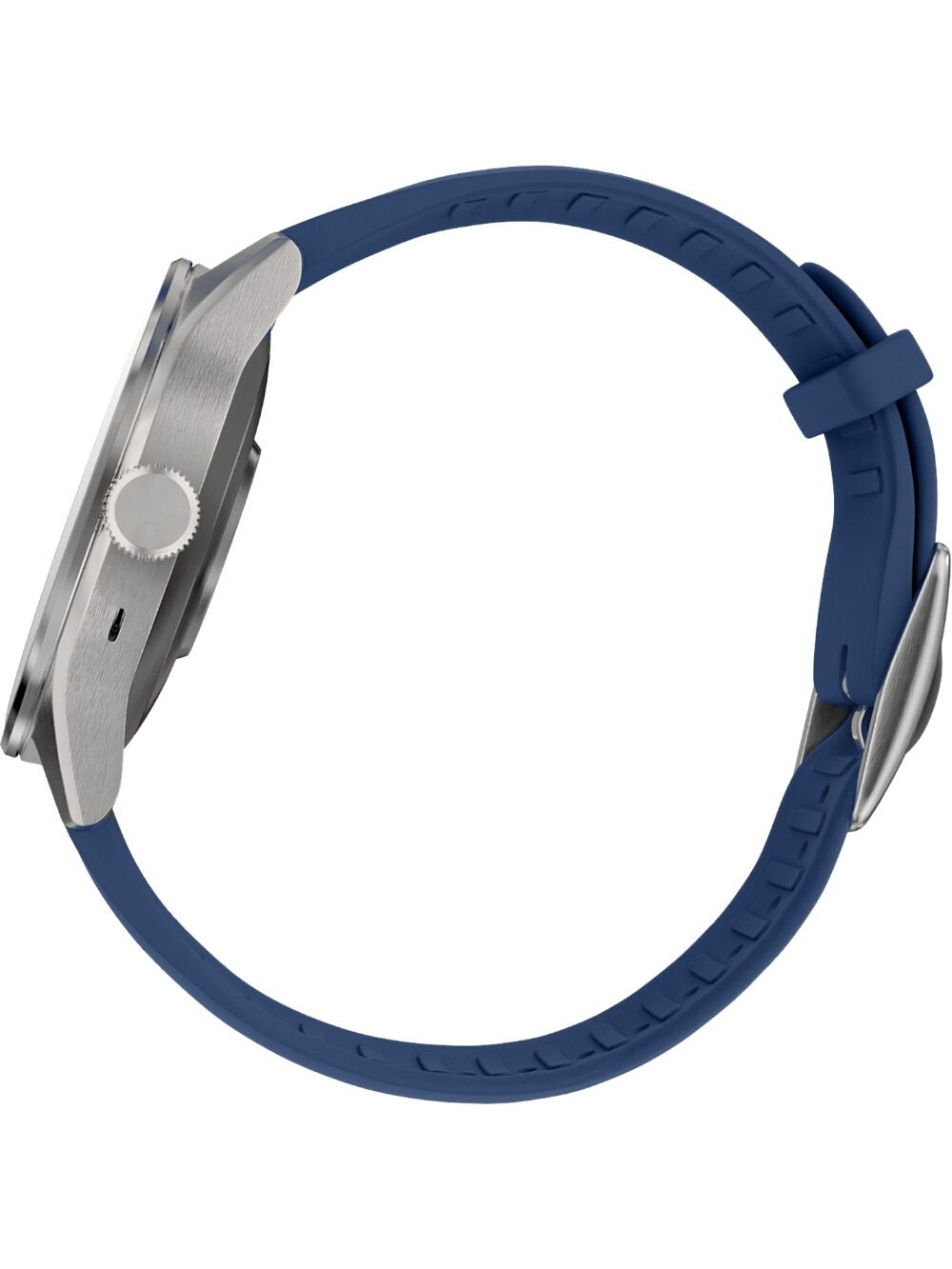 Hybrid-Smartwatch mit blauem Silikonarmband und silbernem Gehäuse, seitliche Ansicht