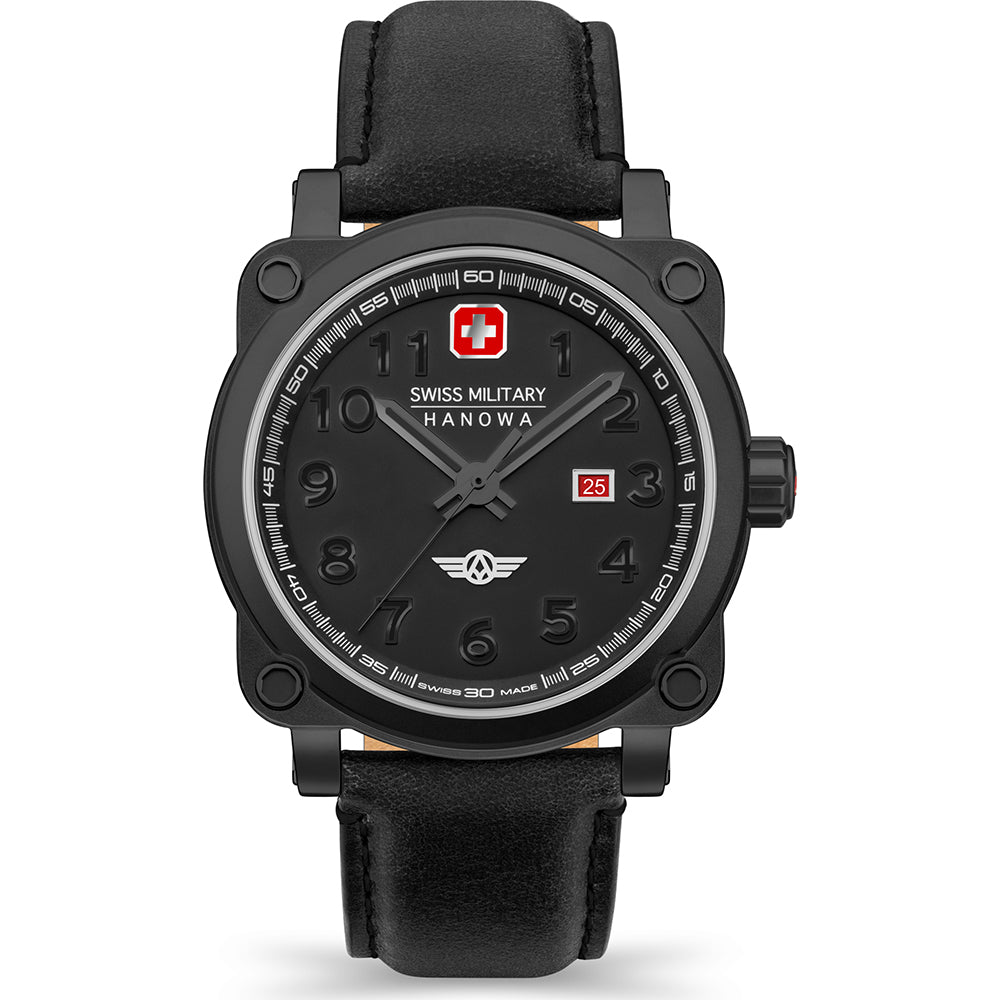 Herrenarmbanduhr mit schwarzem Lederarmband und schwarzem rundem Zifferblatt