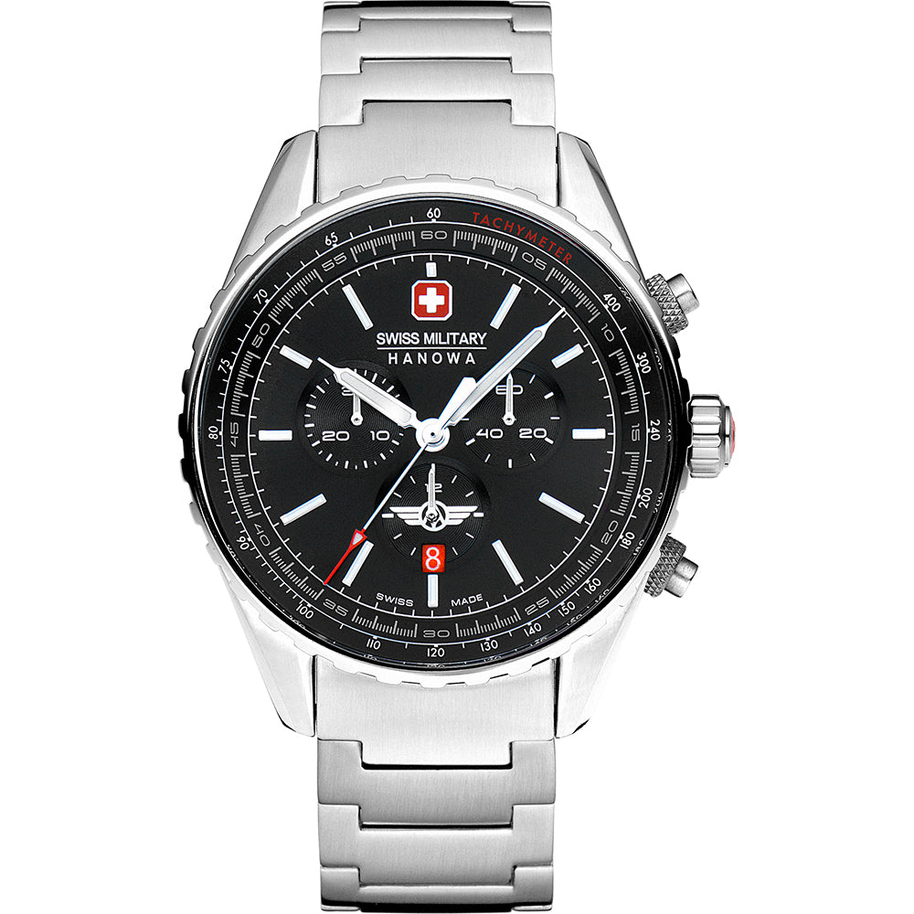 Herren-Chronograph mit Edelstahlarmband, schwarzem Zifferblatt und Tachymeter-Lünette, rote Akzente